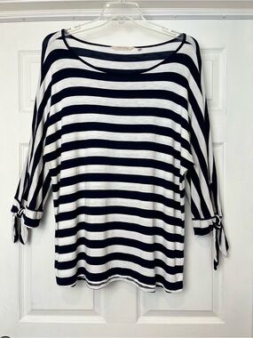 Soft Surroundings | Navy Blue Striped Tie Sleeve Nautical Top, XL